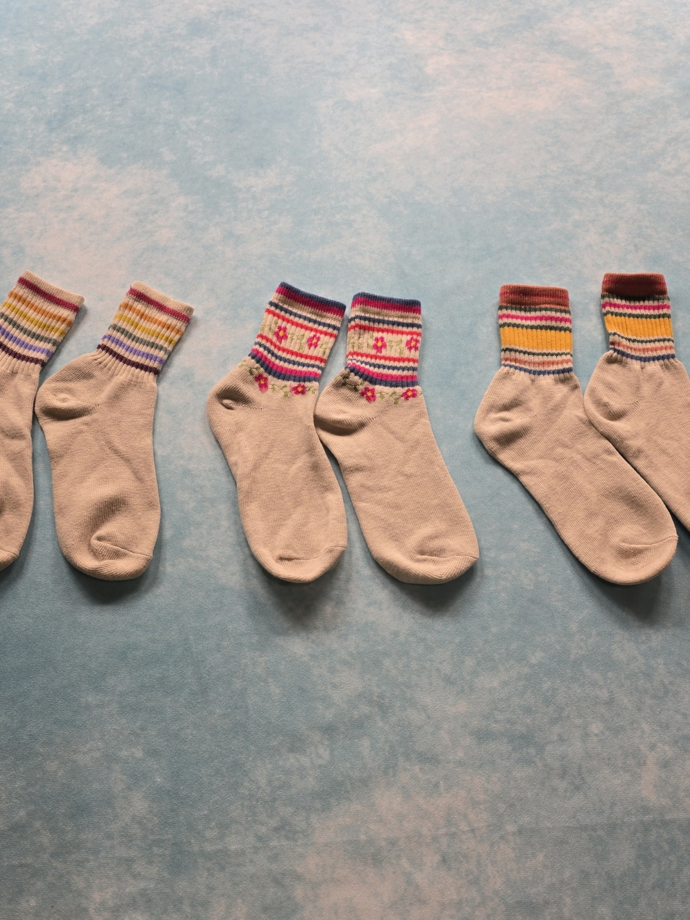 Natural Life Crew Socks 3 Pack Floral Rainbow Stripe Boho One Size